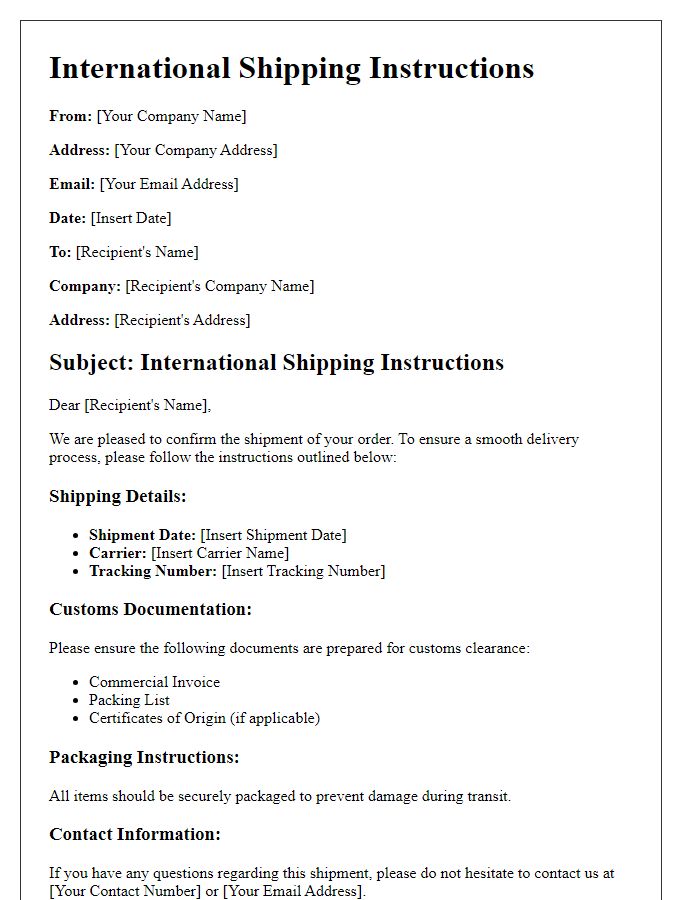 Letter template of international shipping instructions for businesses