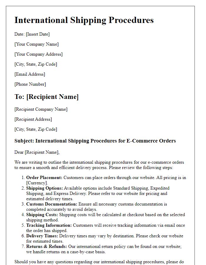 Letter template of international shipping procedures for e-commerce