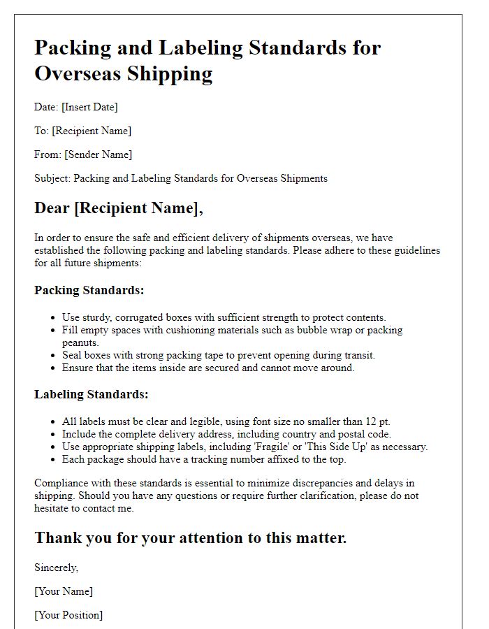 Letter template of packing and labeling standards for overseas shipping