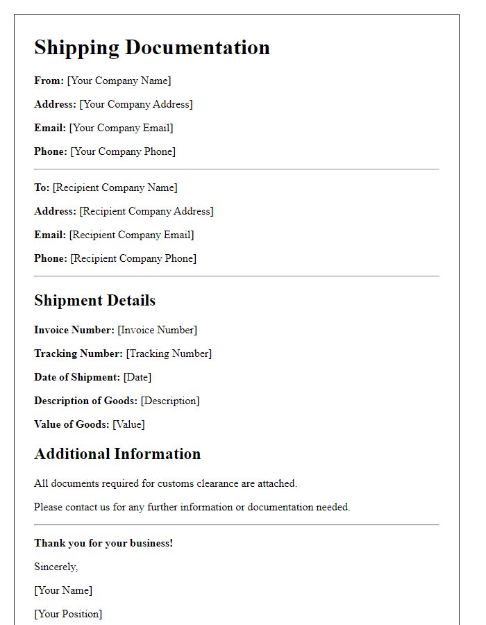 Letter template of shipping documentation for cross-border transactions