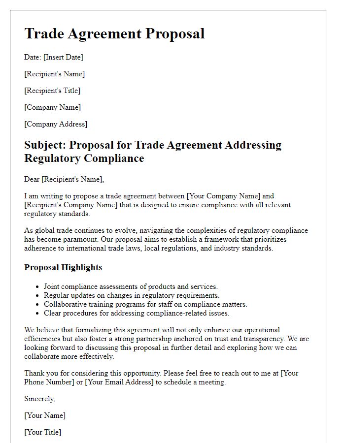 Letter template of trade agreement proposal addressing regulatory compliance