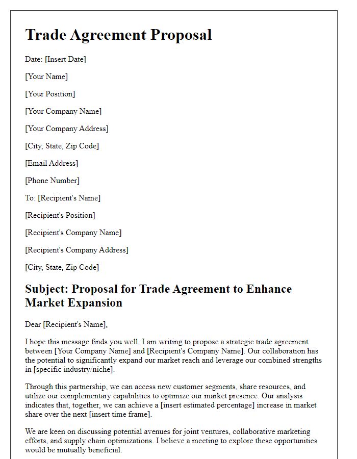 Letter template of trade agreement proposal highlighting market expansion