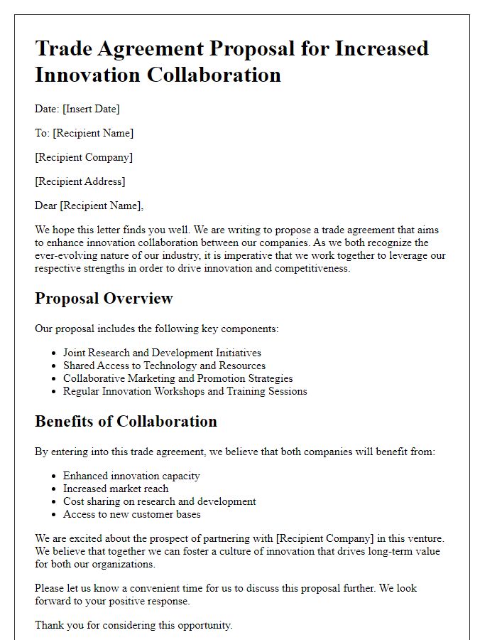 Letter template of trade agreement proposal for increased innovation collaboration