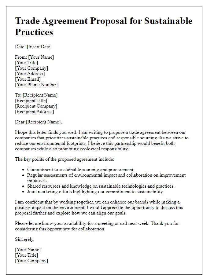 Letter template of trade agreement proposal for sustainable practices