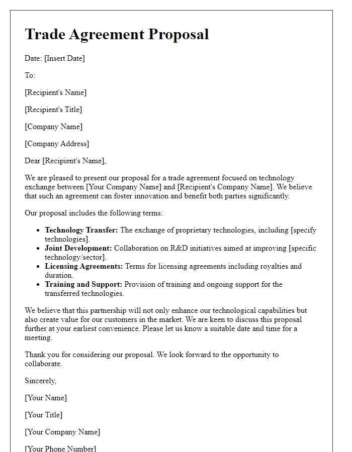 Letter template of trade agreement proposal for technology exchange