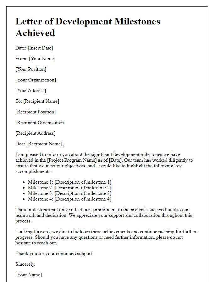 Letter template of development milestones achieved