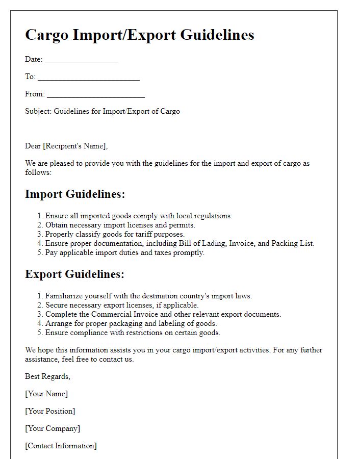 Letter template of cargo import/export guidelines.