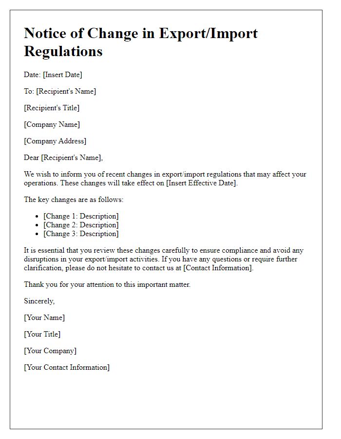 Letter template of export/import regulation change notice.