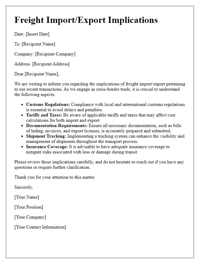 Letter template of freight import/export implications.