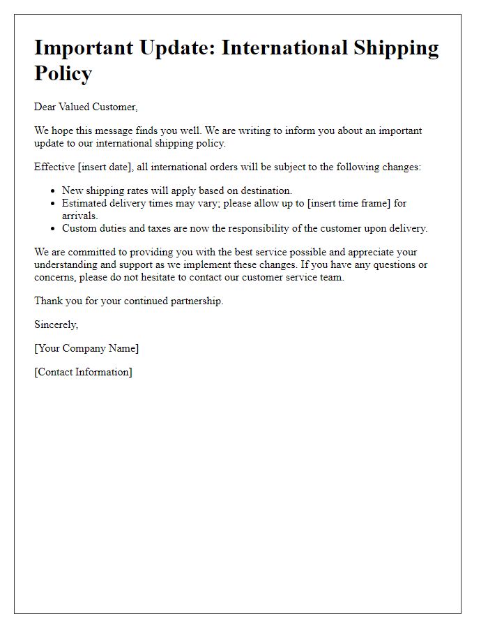 Letter template of international shipping policy update.