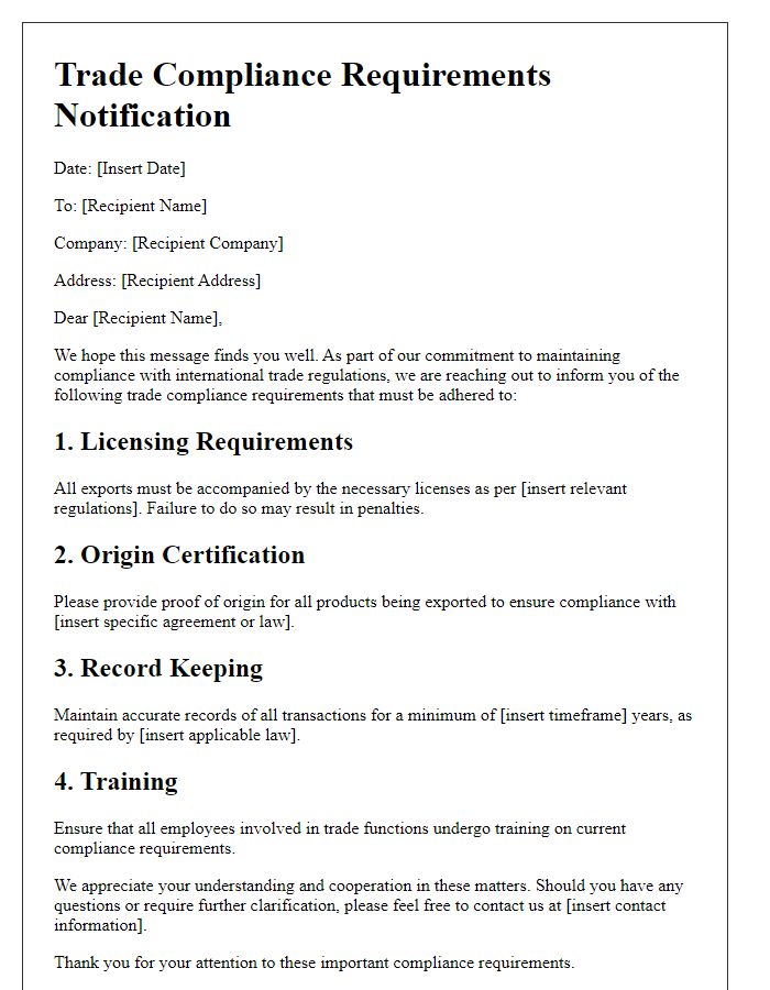 Letter template of trade compliance requirements.