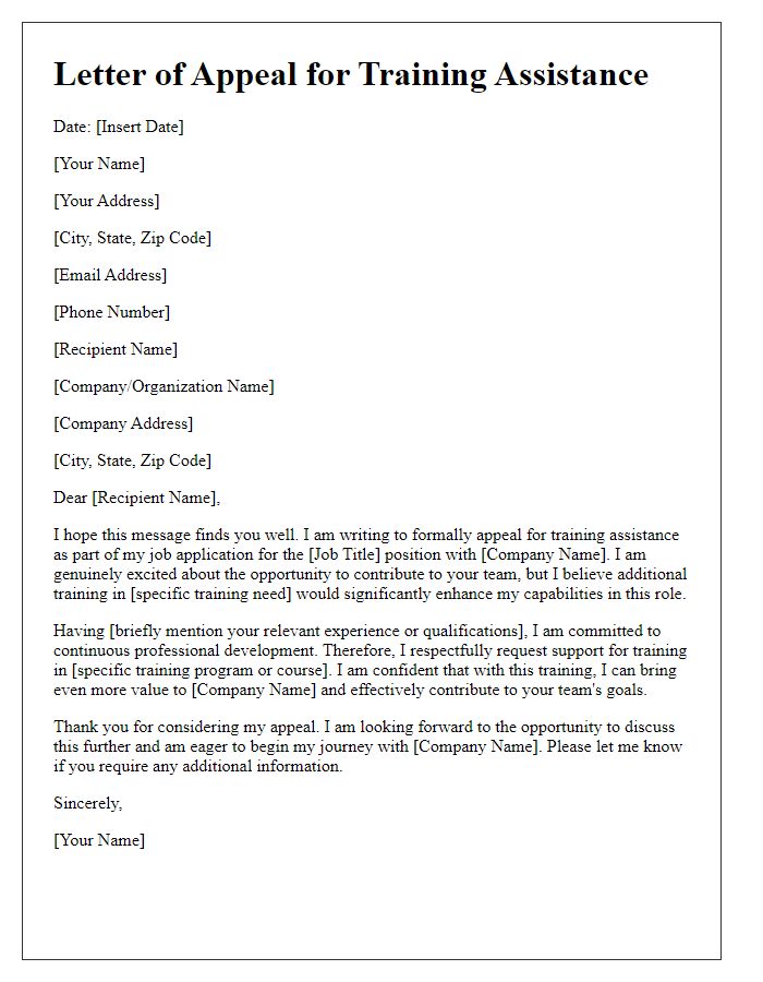 Letter template of appeal for training assistance in job application.