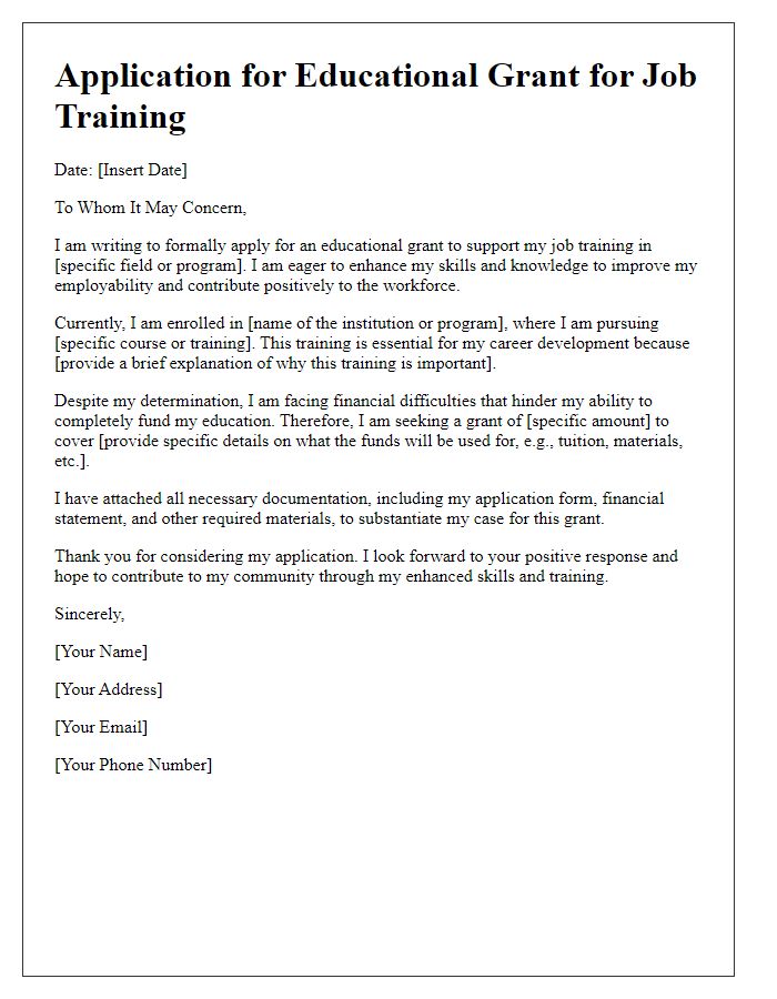 Letter template of application for educational grant for job training.