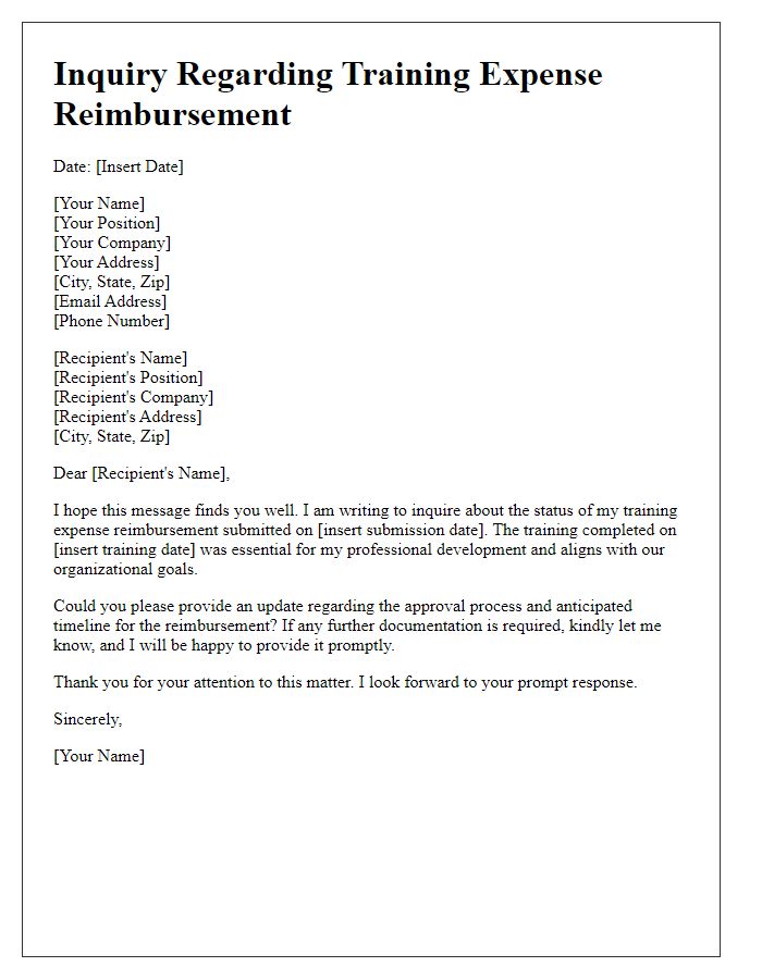 Letter template of inquiry regarding training expense reimbursement.