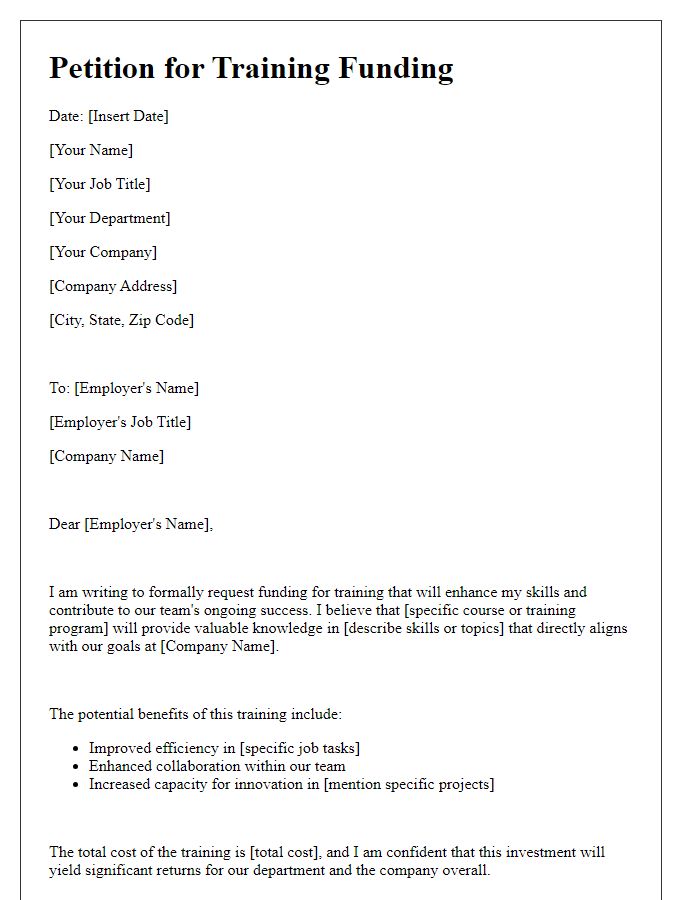 Letter template of petition for employer-sponsored training funding.