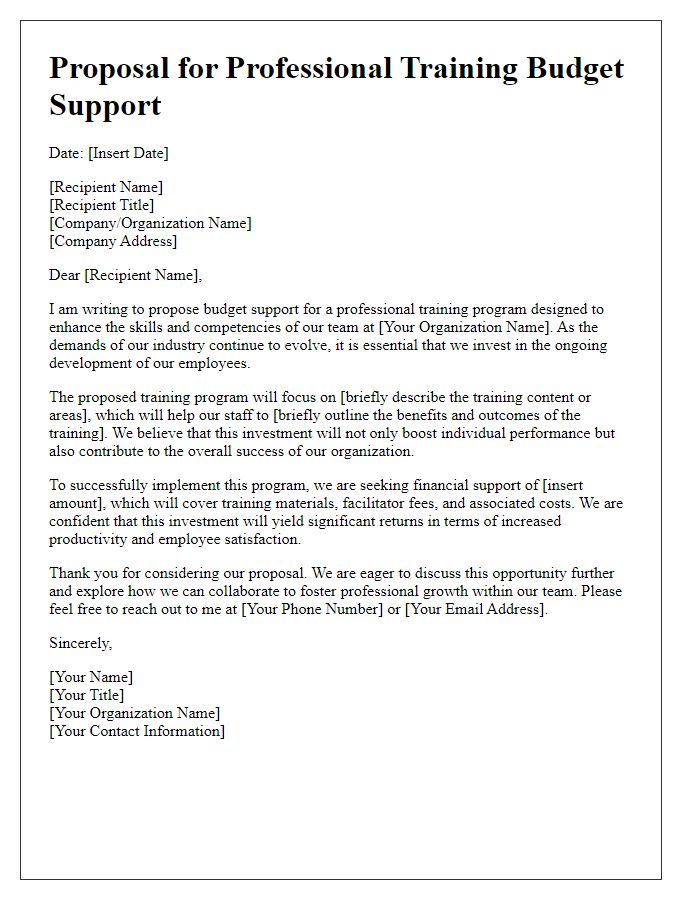 Letter template of proposal for professional training budget support.