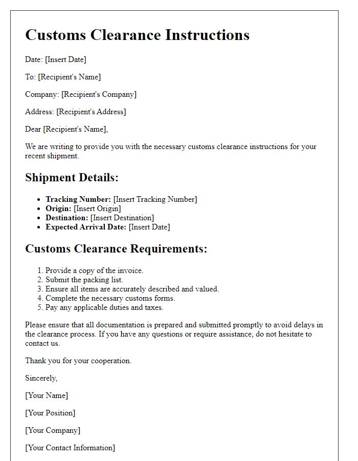 Letter template of customs clearance instructions