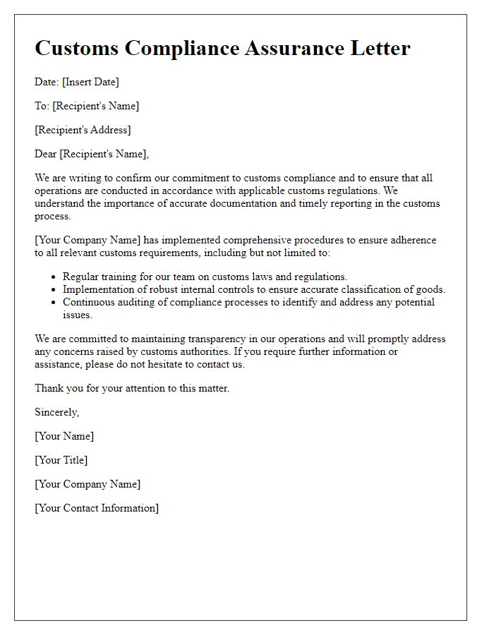 Letter template of customs compliance assurance