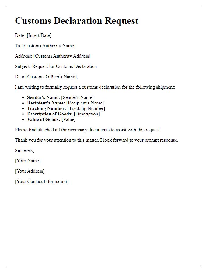 Letter template of customs declaration request