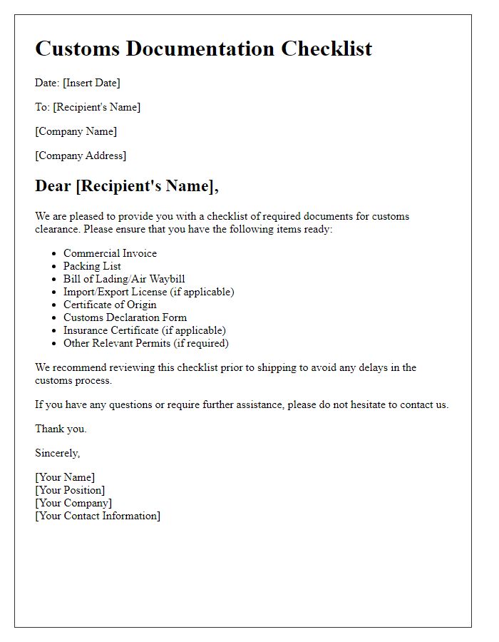 Letter template of customs documentation checklist