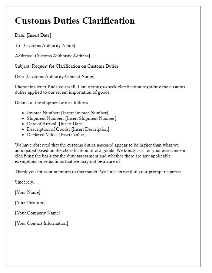 Letter template of customs duties clarification