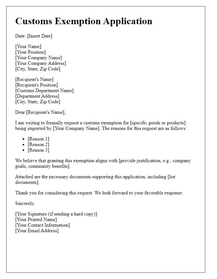 Letter template of customs exemption application