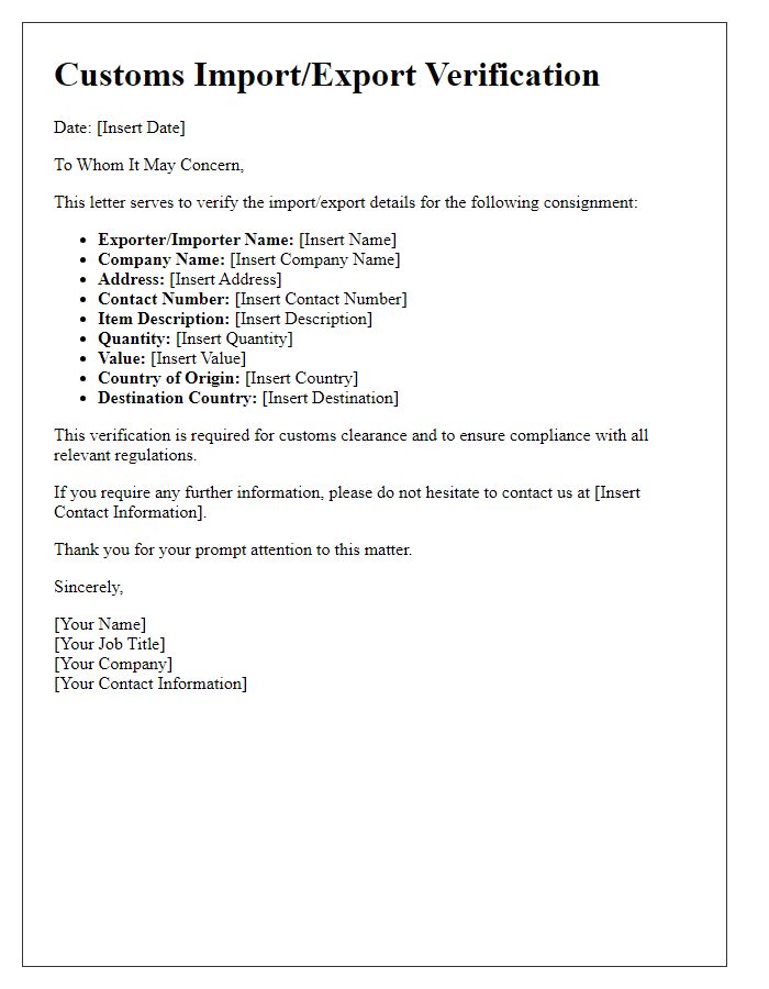 Letter template of customs import/export verification