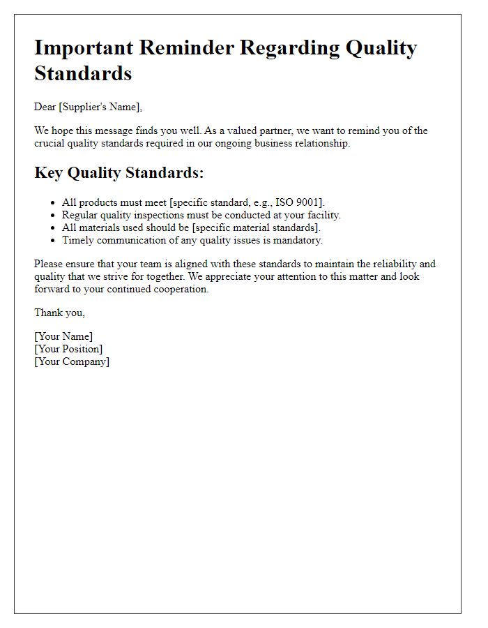 Letter template of crucial reminders for suppliers about quality standards