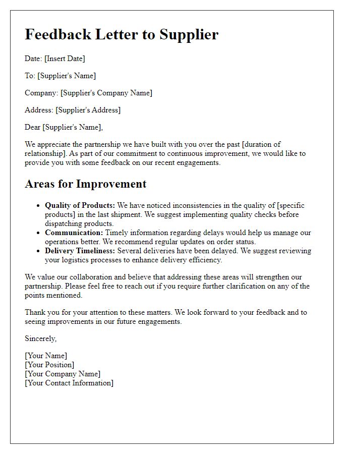 Letter template of essential feedback to supplier for improvement