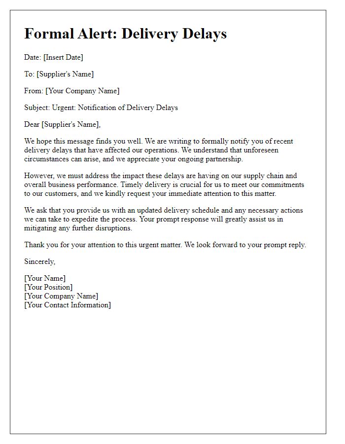 Letter template of formal alert to suppliers on delivery delays