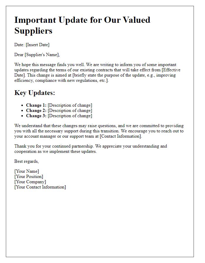 Letter template of important update for suppliers on contract terms