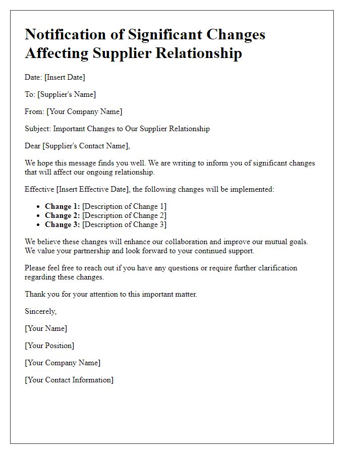 Letter template of significant changes affecting supplier relationship