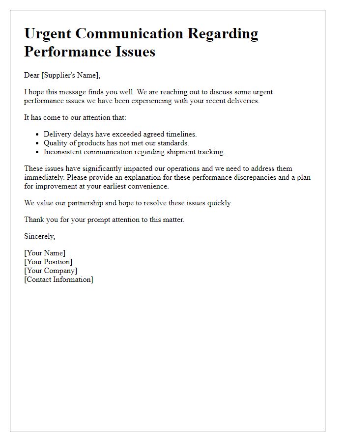 Letter template of urgent supplier communication regarding performance issues