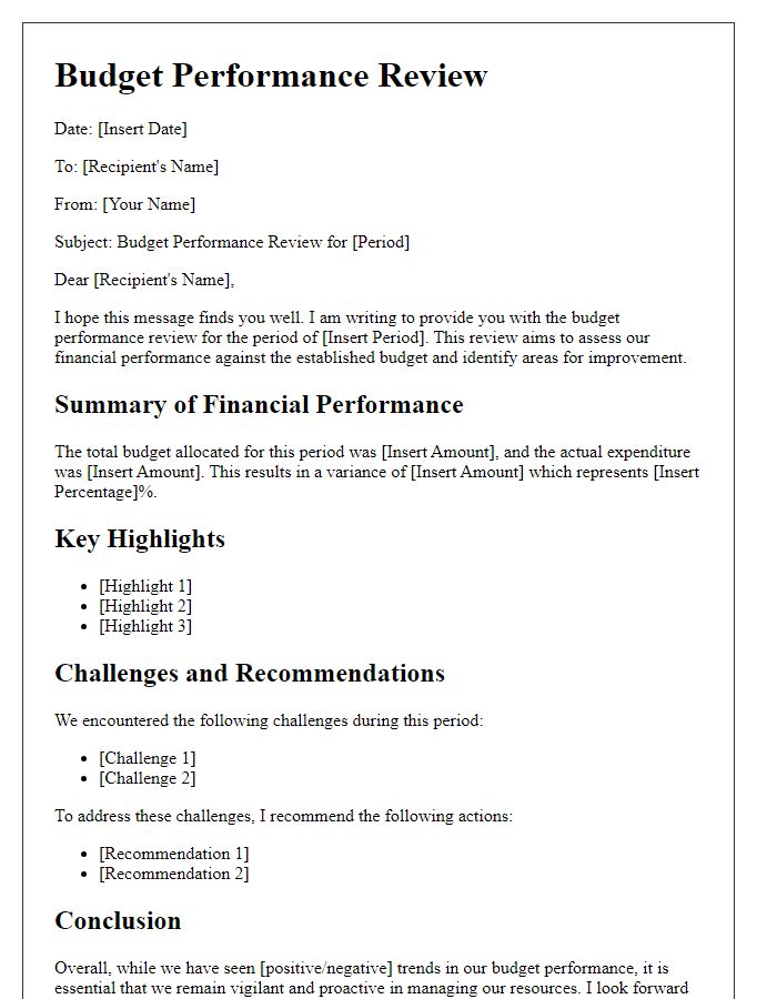 Letter template of budget performance review