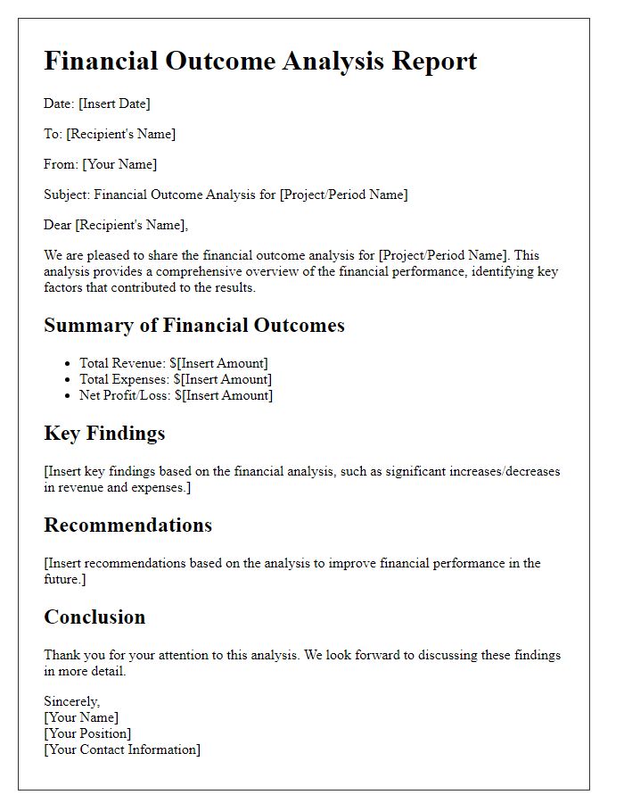 Letter template of financial outcome analysis