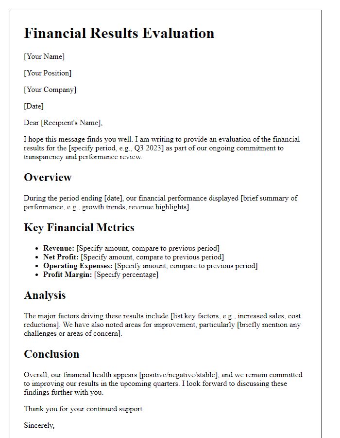 Letter template of financial results evaluation