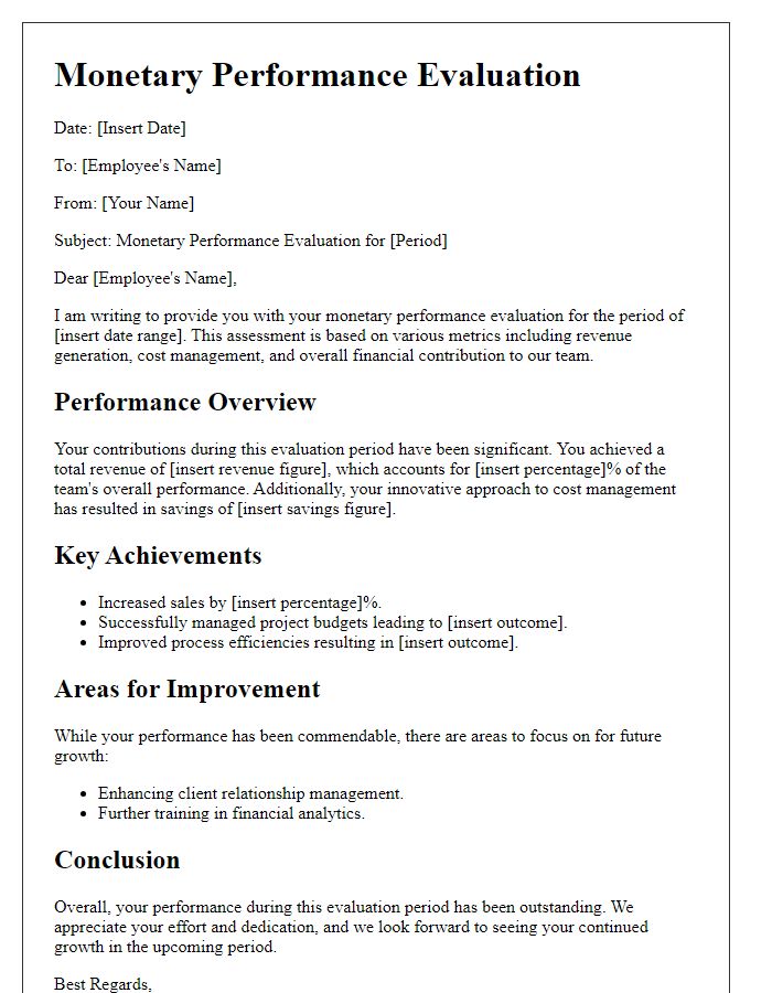 Letter template of monetary performance evaluation