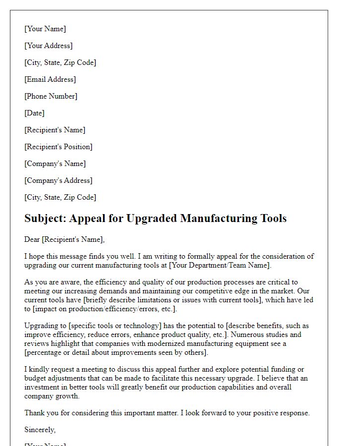 Letter template of appeal for upgraded manufacturing tools