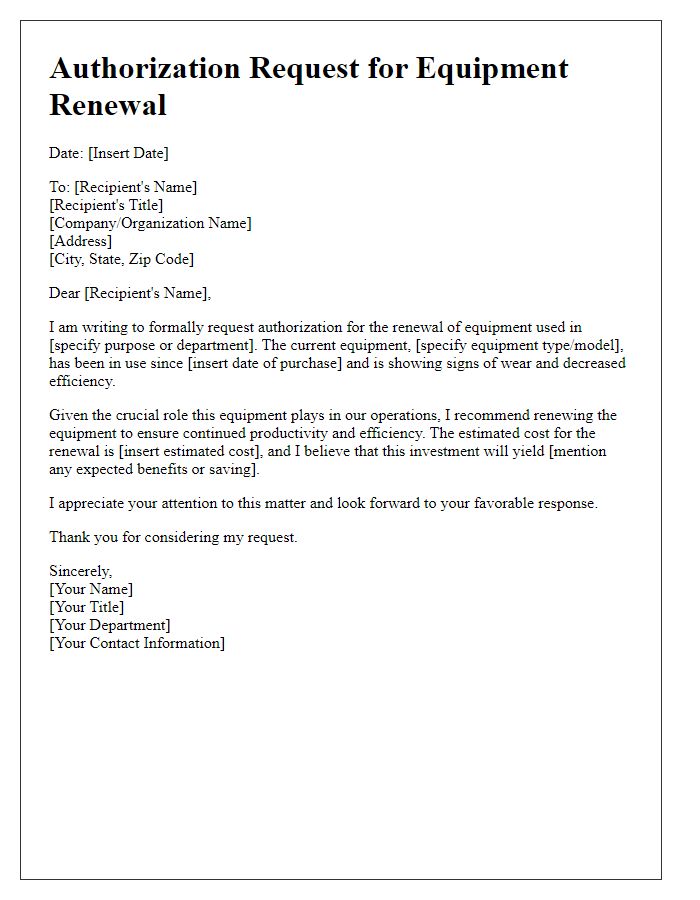 Letter template of authorization request for equipment renewal