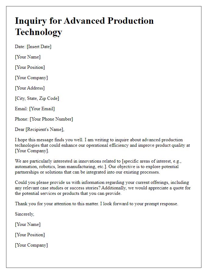 Letter template of inquiry for advanced production technology