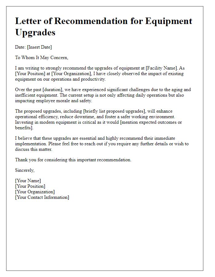 Letter template of recommendation for facility equipment upgrades