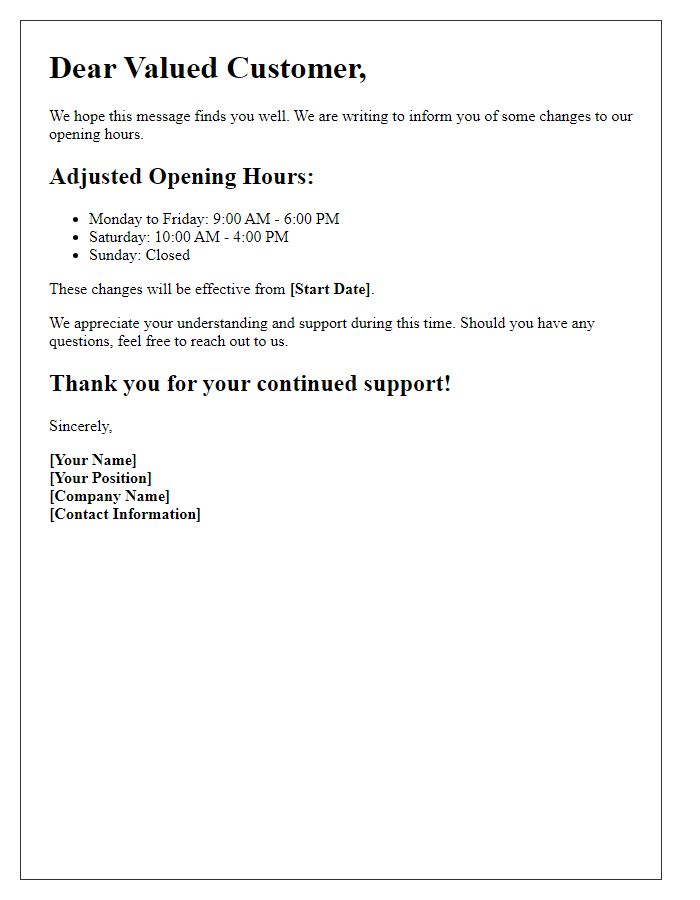 Letter template of adjusted opening hours information.