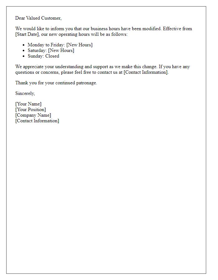 Letter template of business hours modification notice.