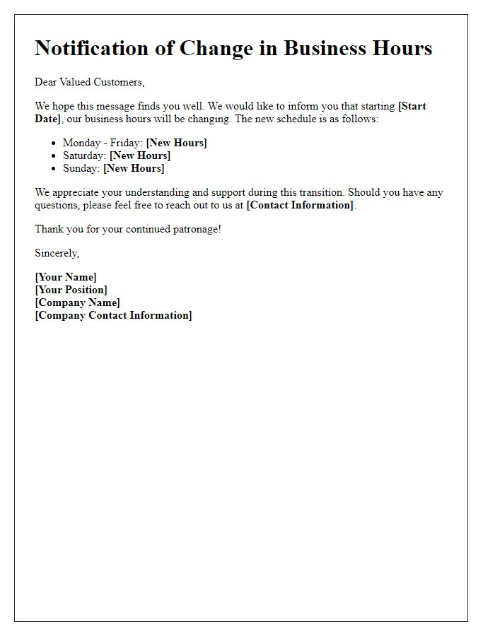 Letter template of business hours schedule change.