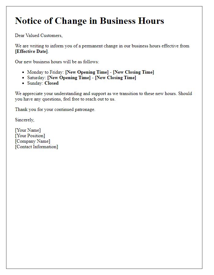 Letter template of permanent change in business hours.