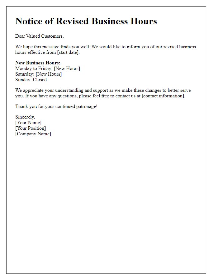 Letter template of revised business hours communication.