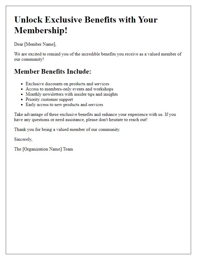 Letter template of membership benefits promotional message