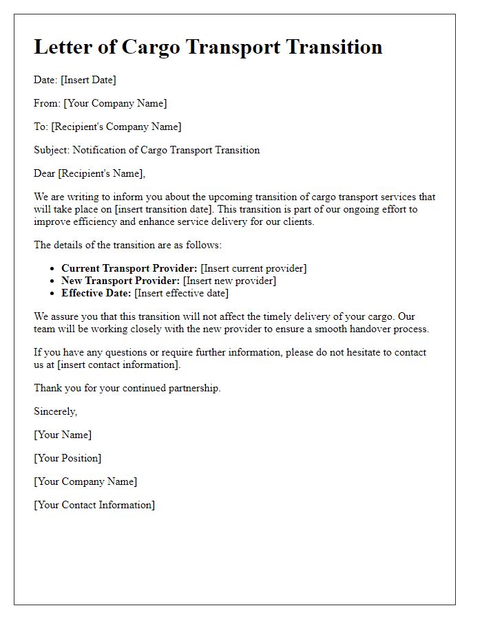 Letter template of cargo transport transition