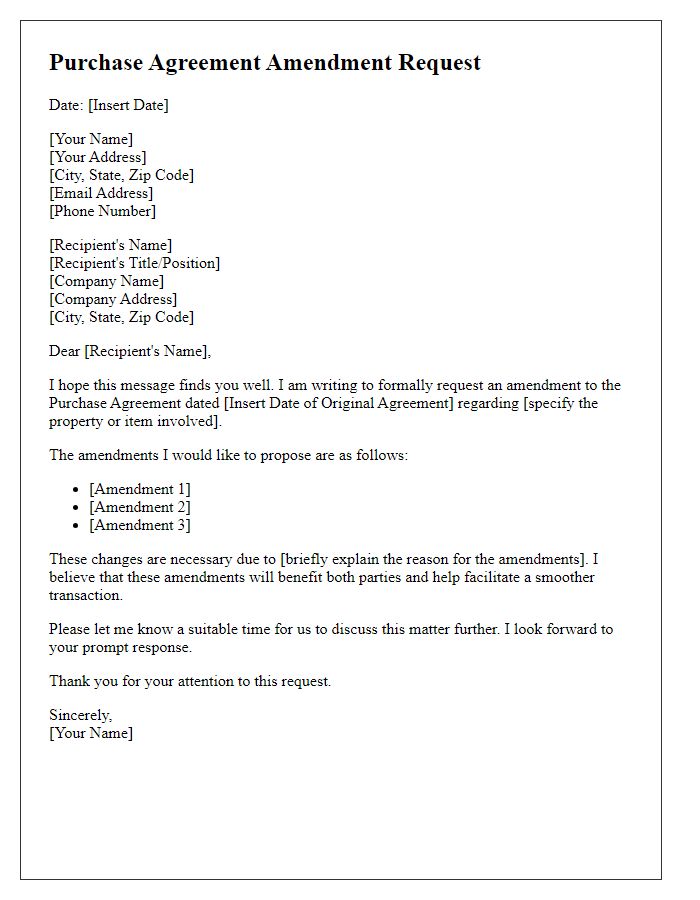 Letter template of purchase agreement amendment request