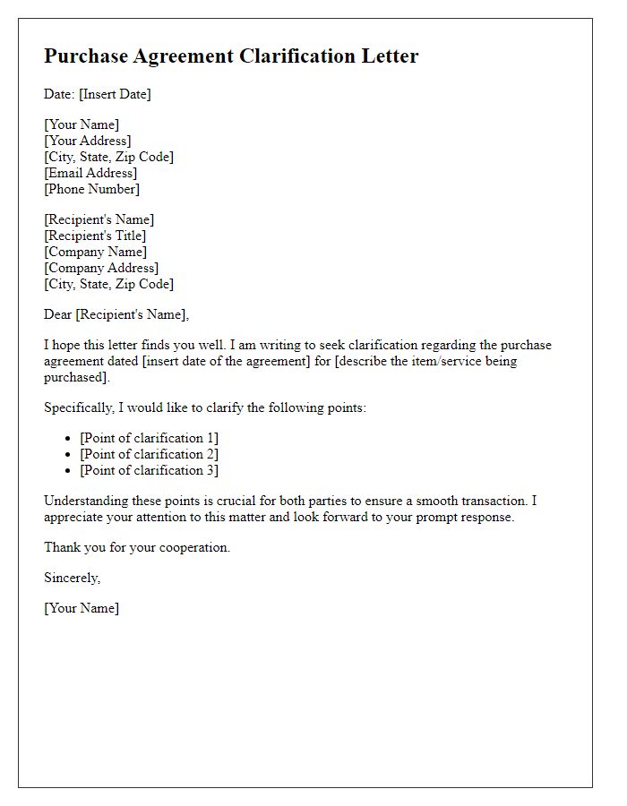 Letter template of purchase agreement clarification